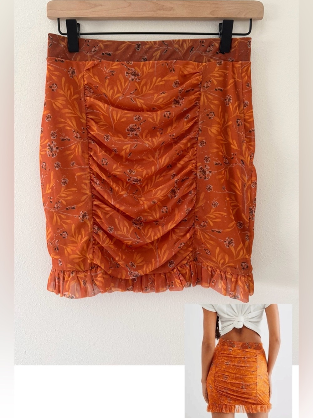 Free People Romi Mesh Orange Mini Skirt Size Medium Bohemian/ floral